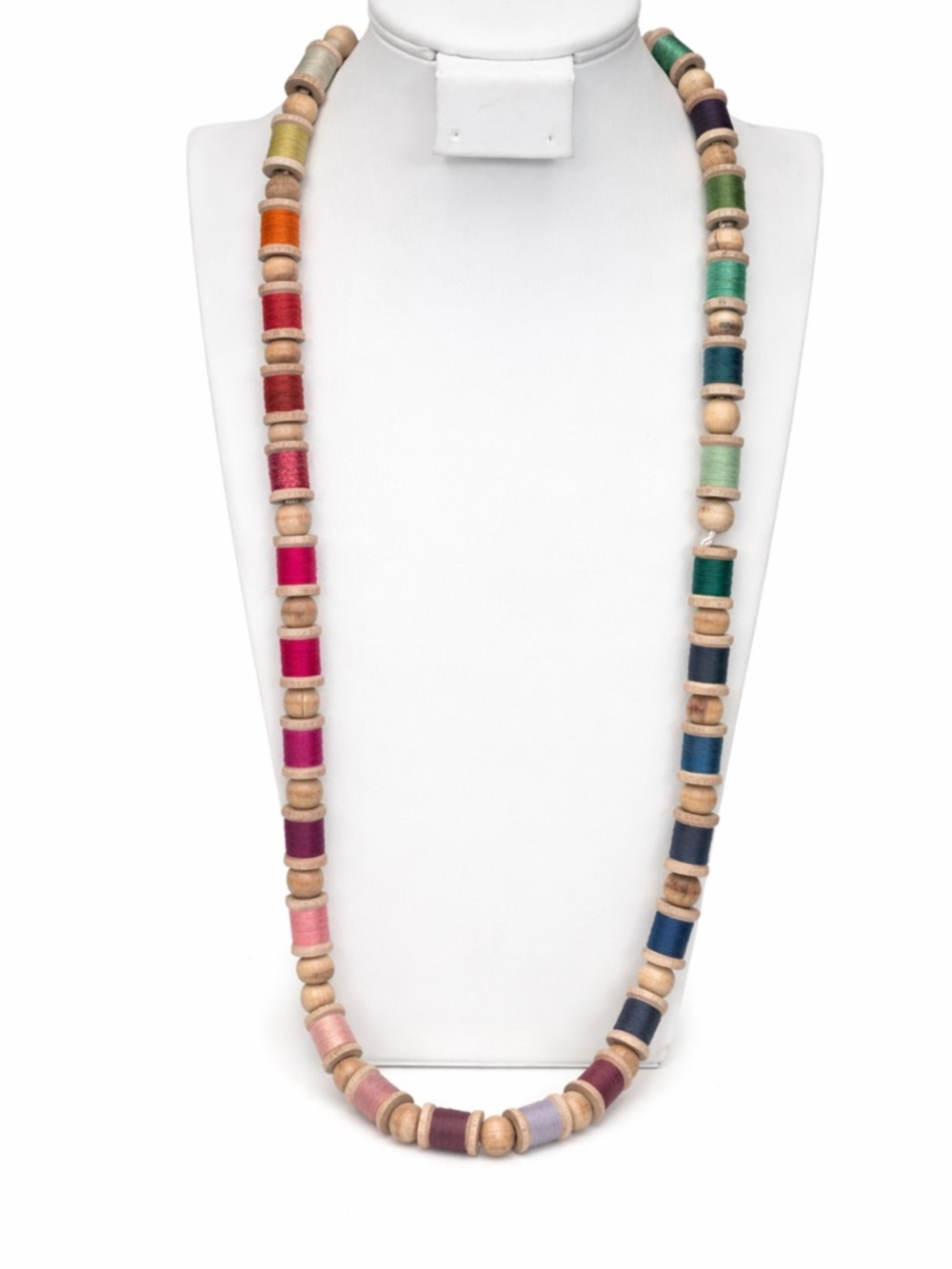Colorful Wooden Thread Spool Beaded Necklace / Boho Rainbow Artisan Statement - Picture 2 of 6